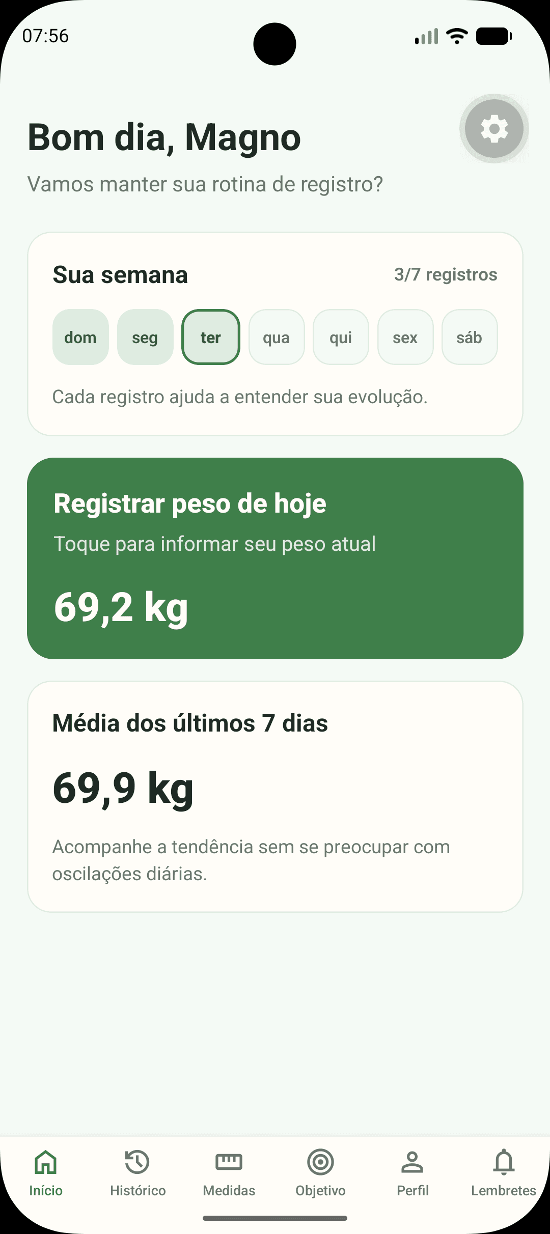 Tela inicial do Peso em Dia mostrando os registros da semana e a média dos últimos 7 dias