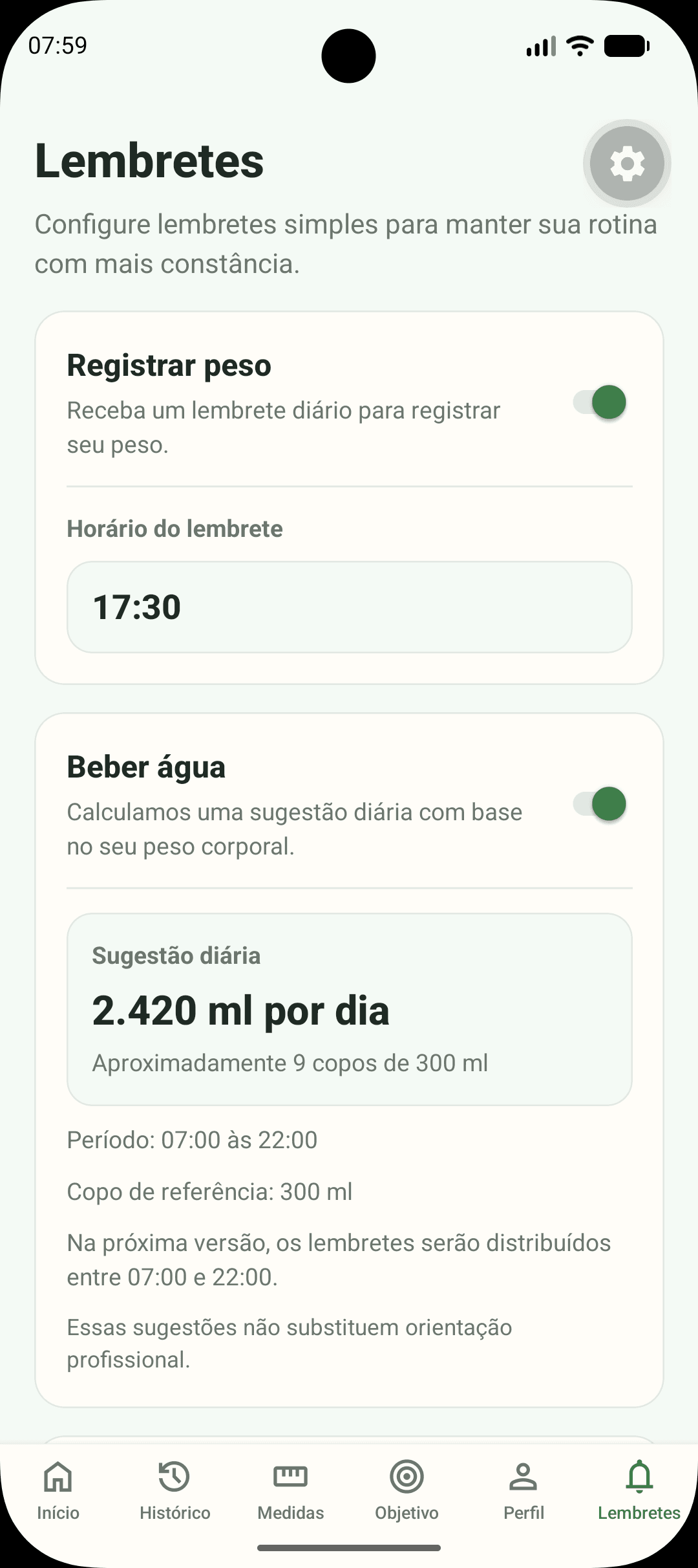 Tela de lembretes do Peso em Dia com opção de lembrete diário para registrar o peso
