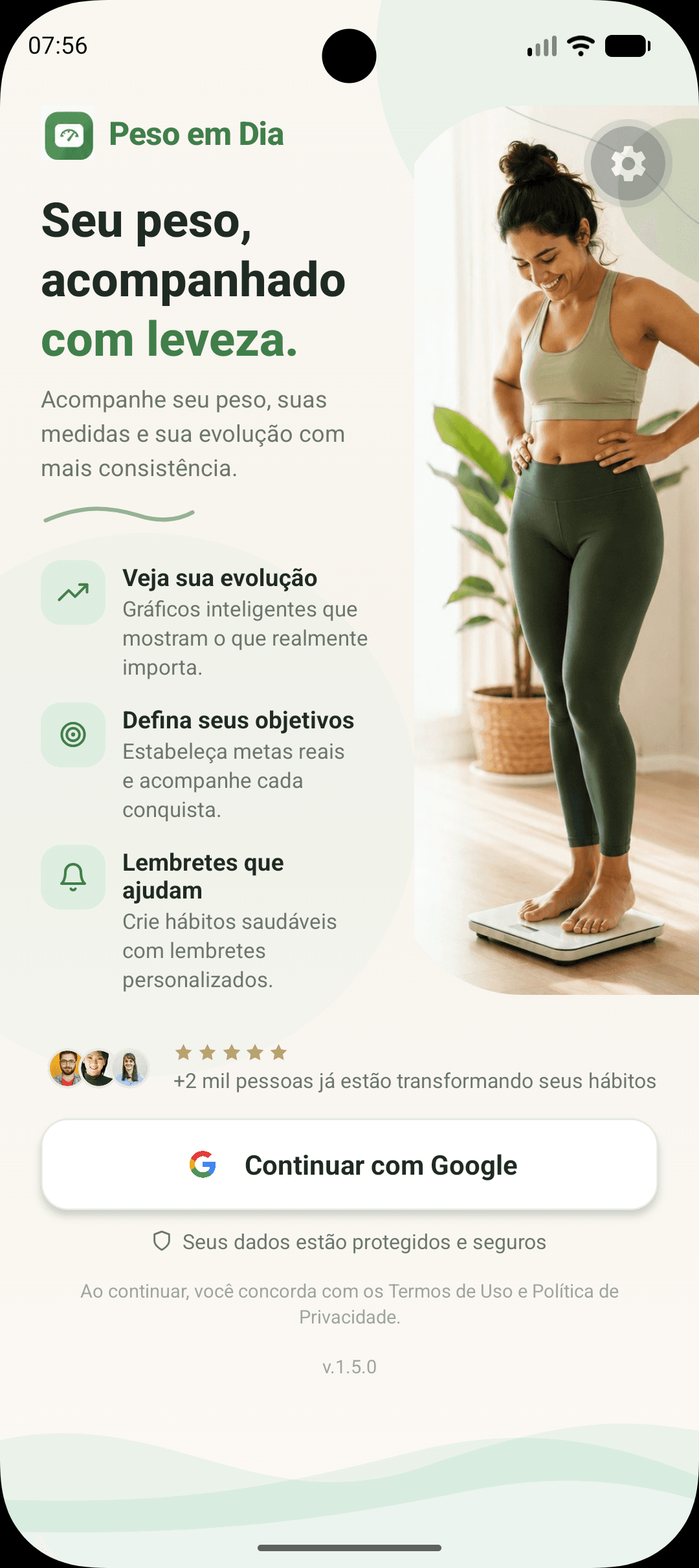 Tela inicial do aplicativo Peso em Dia com o nome do app e a opção de entrar com Google