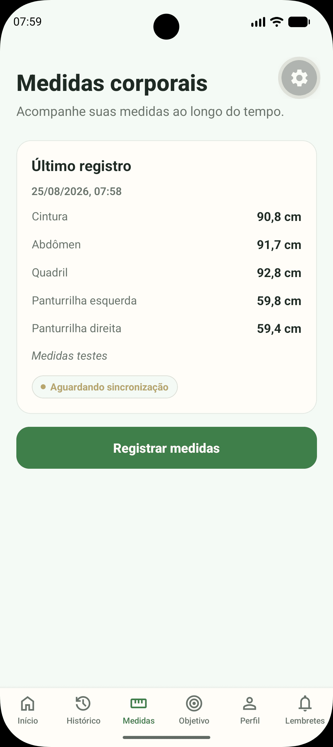 Tela de medidas corporais do Peso em Dia com cintura, abdômen, quadril e panturrilhas