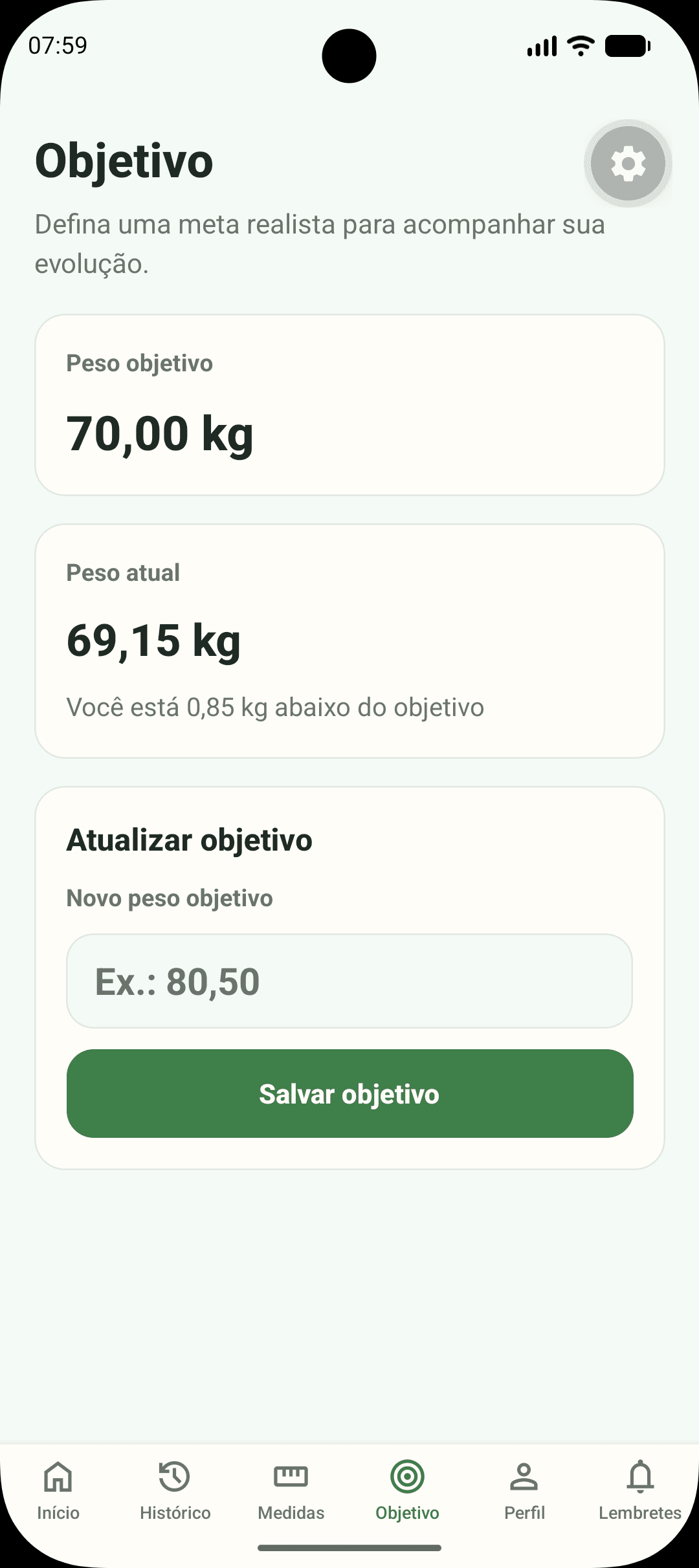 Tela de objetivo do Peso em Dia comparando peso atual e peso desejado